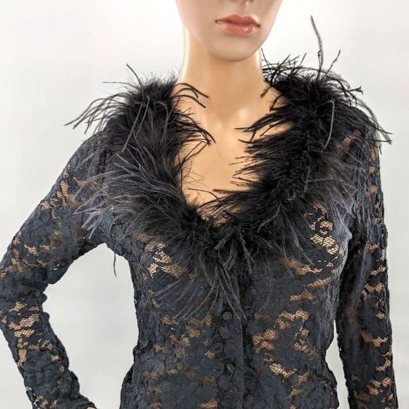 Vintage 90s y2k Lace Top Feather Collar Whimsigoth Black Stretch Clueless M - Picture 4 of 11